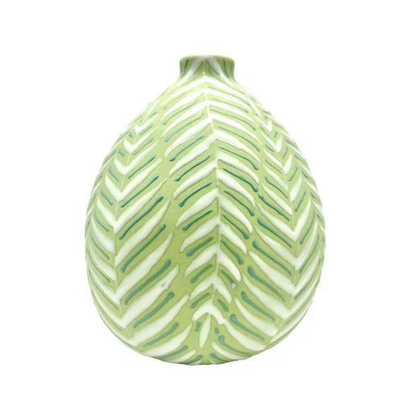 Crate and Barrel Leaf Vase Green and White with Enamel Fern Leaves Botanical - Picture 4 of 8